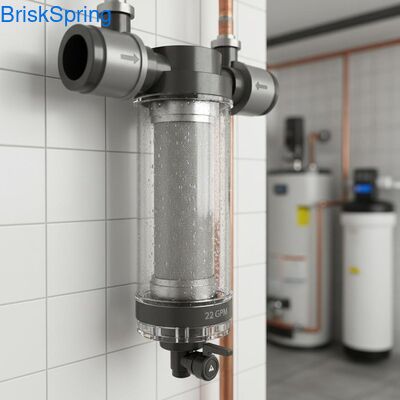 খাদ্য গ্রেড স্টেইনলেস স্টীল অ্যান্টি-ব্লক কাঠামো এবং 22 জিপিএম প্রবাহ হার সহ হালকা পুরো হাউস ওয়াটার প্রাক ফিল্টার