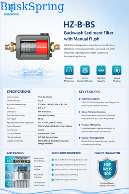BriskSpring HZ-B-BS 40 Micron Whole House Sediment Pre Filter with SUS316L Stainless Steel Mesh and 7 T/H High Flow Capacity